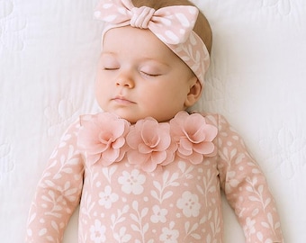 Baby Girl Floral Romper with Headband Set | Pink Newborn Outfit with Flowers | Coming Home Baby Gift | Infant Girl Shower Gift