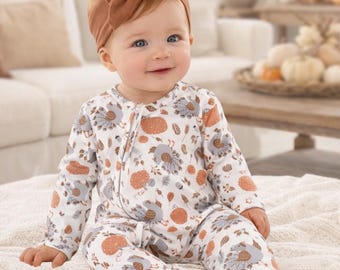 Baby Thanksgiving Zipper Footed Romper, Bamboo Cotton Turkey & Pumpkin Print