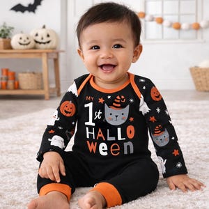 Newborn Baby Halloween Outfit - My 1st Halloween - Pumpkin Print with Optional Headband or Hat - Girl, Boy, Unisex - Cotton - 0-3 Months