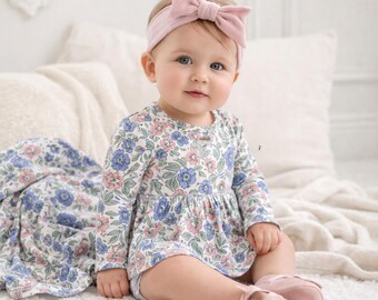 Vintage Floral Skirted Baby Girl Bamboo Bodysuit - Blue and Pink