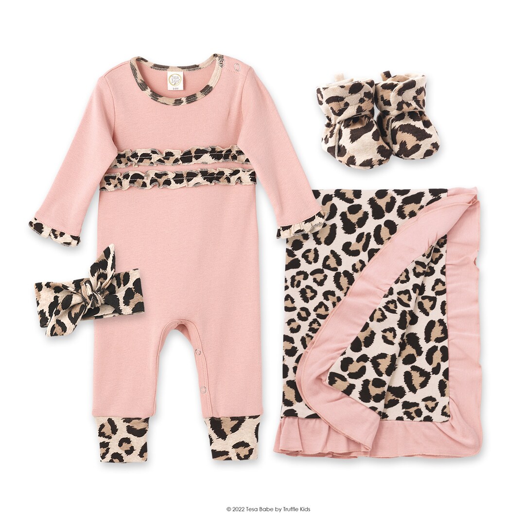 Newborn Girl Coming Home Gift Set Pink With Leopard Includes Romper