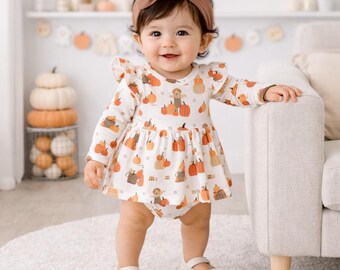 Baby Pumpkin Patch Skirted Bodysuit – Soft Bamboo Blend Fall Outfit with Ruffle Skirt, Autumn Baby Clothes, Halloween and Thanksgiving
