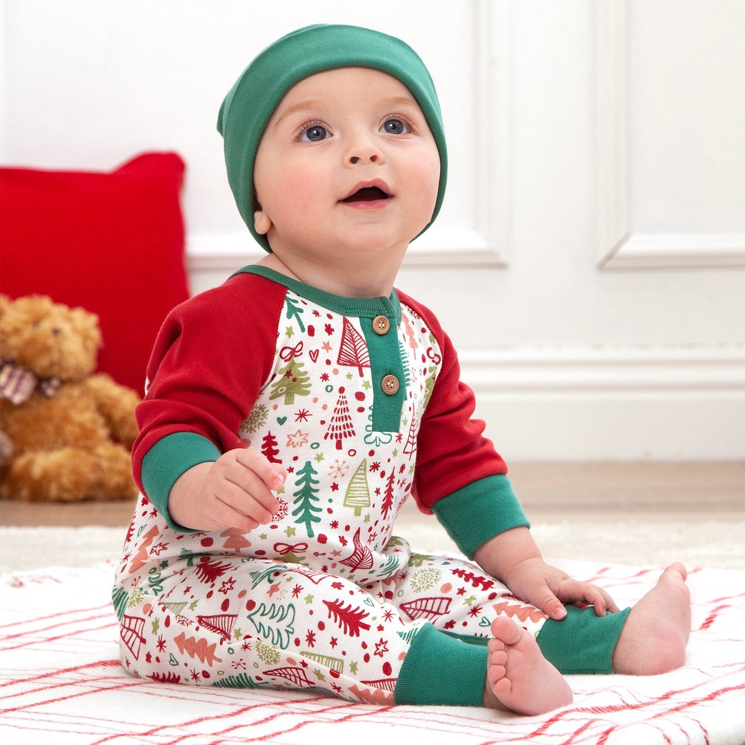 Baby Christmas Henley Romper Bamboo Blend Fabric With Cotton Trim Handdrawn Xmas Tree Print