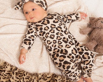 Baby Girl Leopard Romper – 100% Cotton Animal Print Infant Outfit, Long Sleeve Bodysuit with Snaps, Matching Headband Option