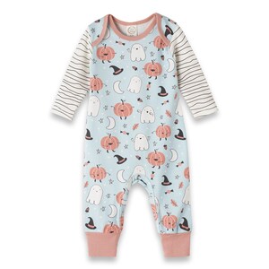 May include: A light blue baby onesie with long sleeves and a striped pattern on the sleeves. The onesie has a pink trim and features a Halloween-themed print with ghosts, pumpkins, and stars.
