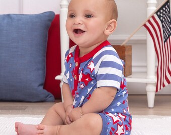 Baby Boy Short Henley Romper - Star Spangled - Bamboo Cotton Ultra Soft -  Tesa Babe