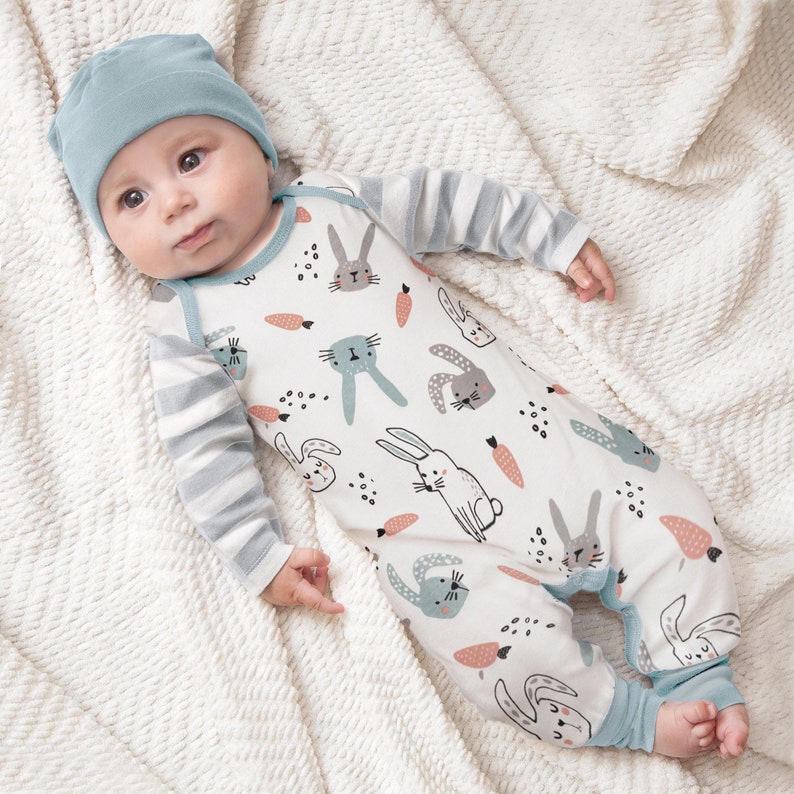 Baby Boy Easter Outfit, Bunny Baby Romper in Blue & Grey