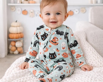 Baby Halloween Romper | Spooky Cute Infant Zip Sleeper | Bamboo Cotton Boo Pajamas | Ghost Pumpkin Baby Outfit