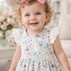 Girl's Easter Dress: Bamboo Blend with Eyelet Lace, Bunnies & Flowers