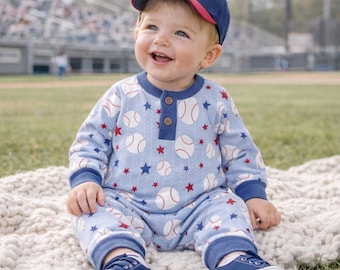 Grand Slam Bamboo Baseball Henley Romper  – Sports Themed Infant Outfit for Game Day, American Baseball