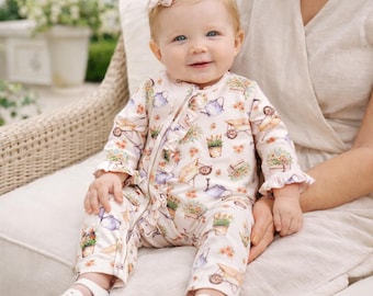 Baby Girl Garden Zipper Romper - Petal Patch Floral Bamboo with Convertible Cuffs