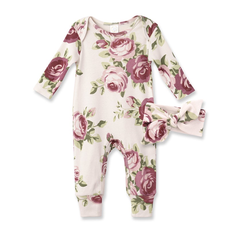 Baby Girl Romper Cabbage Rose Mauve & Beige Cotton Rib Coming Home Outfit Tesababe FloralRomper&HB