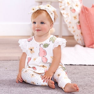 Baby Girl Outfits Top & Pants Set in Pears Flowers print, 100% Organic Cotton