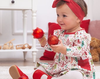 Robe de Noël pour bébé fille - Bambou en coton - Imprimé sapin de Noël dessiné à la main - Vêtements pour bébé fille