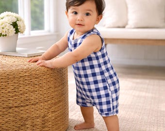 Baby Boy Blue Check Bamboo Romper