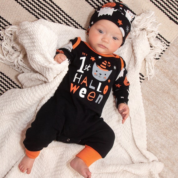 Baby Halloween Outfit My 1st Halloween Pumpkin Print With Optional Headband  or Hat Girl, Boy, Unisex Cotton -  UK