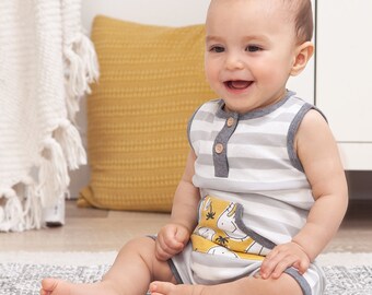 Baby Boy Sleeveless Henley Romper - Grey Stripes Kangaroo Elephants Pocket - Bamboo Cotton Ultra Soft -  Tesa Babe