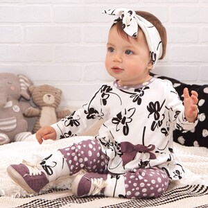 Baby Girl Outfit, Floral Cotton Top and Bottom Set in Plum, Black and White with Matching Headband 50S