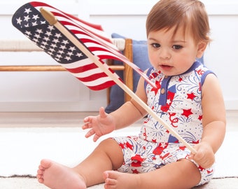 Baby 4th of July Sleeveless Shortie Romper in Soft Bamboo Cotton, Patriotic American Playsuit,  Tesa Babe