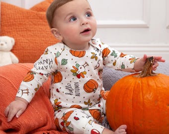 Baby Thanksgiving Romper: Pumpkin Turkey Print, Soft Cotton Outfit