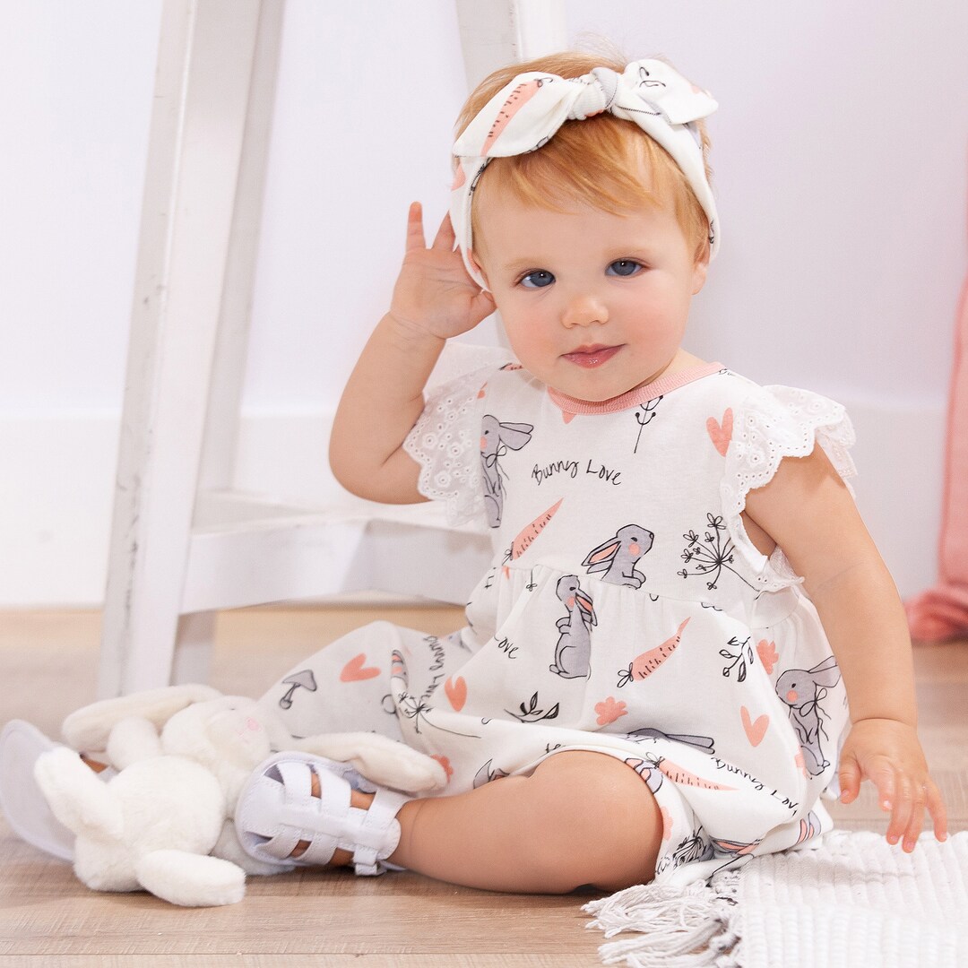 Baby Girl Easter Dress, Cotton Bunny Dress With Eyelet Flutter Lace