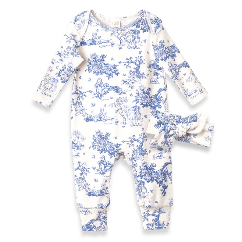 Baby Girl Outfit Blue Toile du Jouy Cotton Floral Romper