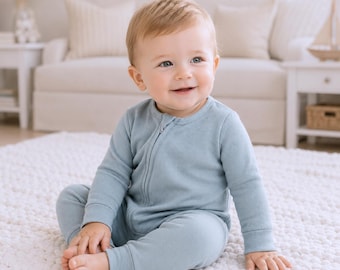 Cotton Baby Zipper Romper With Convertible Cuffs-Blue