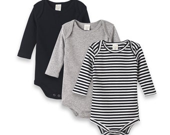 Baby Black Stripe & Grey Bodysuit Set - 3 Pieces - Cotton One Piece - Coming Home Outfit - Tesa Babe