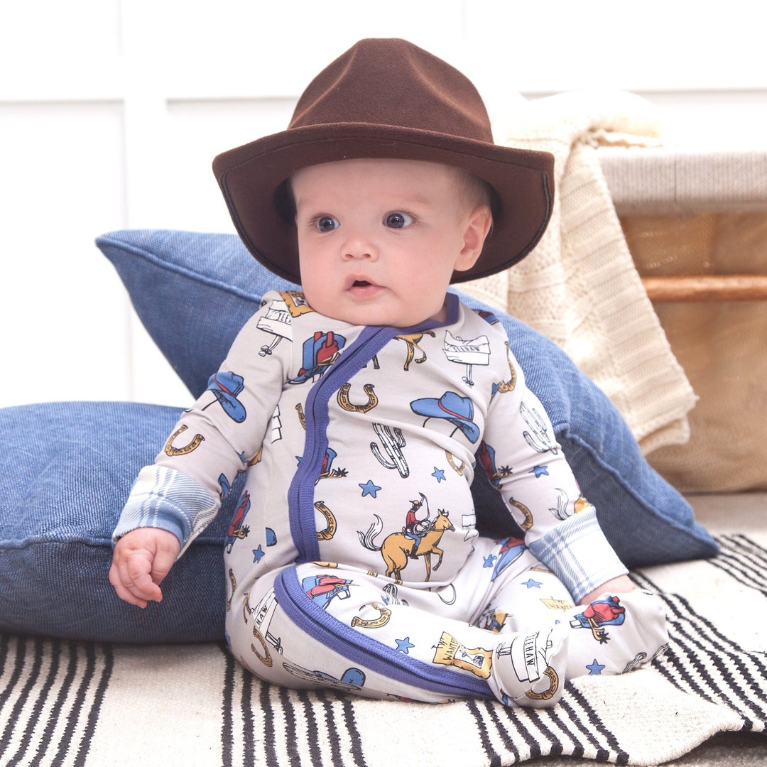 Baby Boy Zippered Bamboo Romper With Cowboy Western Print and Blue
