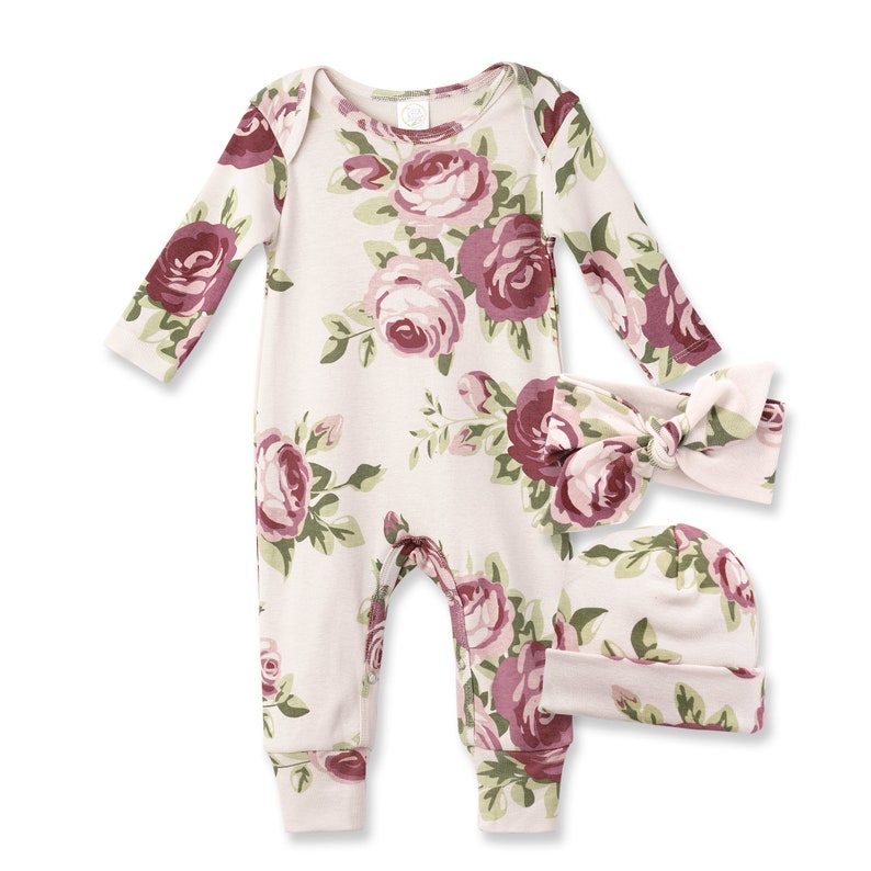 Baby Girl Romper Cabbage Rose Mauve & Beige Cotton Rib Coming Home Outfit Tesababe All 3 Items
