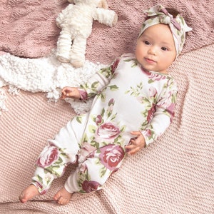 Baby Girl Romper Cabbage Rose Mauve & Beige Cotton Rib Coming Home Outfit Tesababe image 2