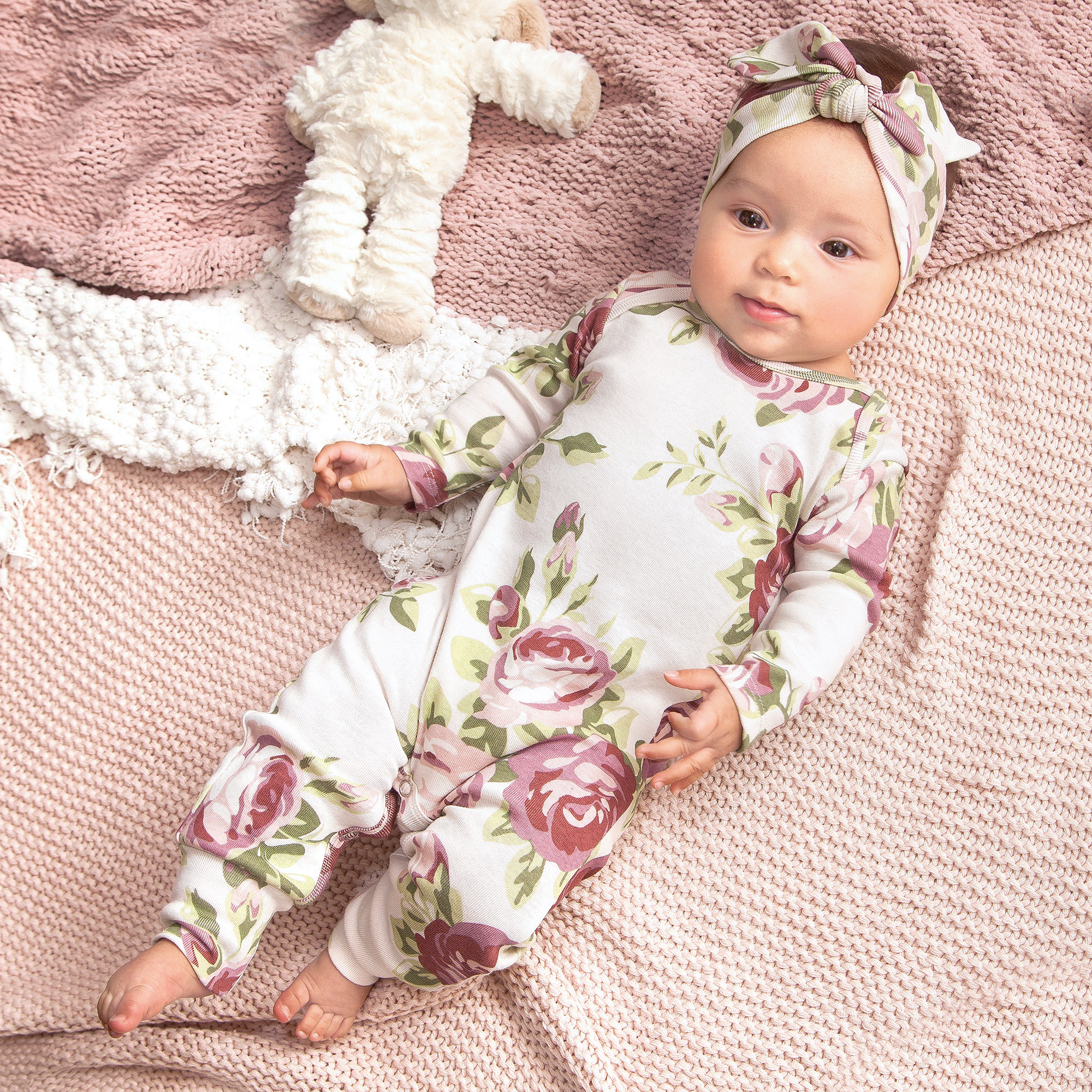 Baby Girl Romper Cabbage Rose Mauve & Beige Cotton Rib Coming Home