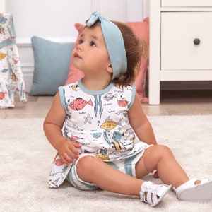 Eco-Friendly Infant Girl Outfit Aquarium Fish Theme Soft & Stylish Bamboo Cotton Baby 2 Piece Outfit Under The Sea Inspired Ocean Oasis Set
