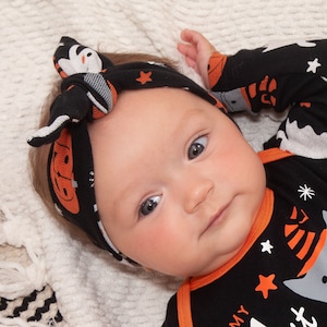 Baby Girl Halloween Headband, Pumpkins, Ghosts & Cats, 100% Cotton Rib, Tesa Babe