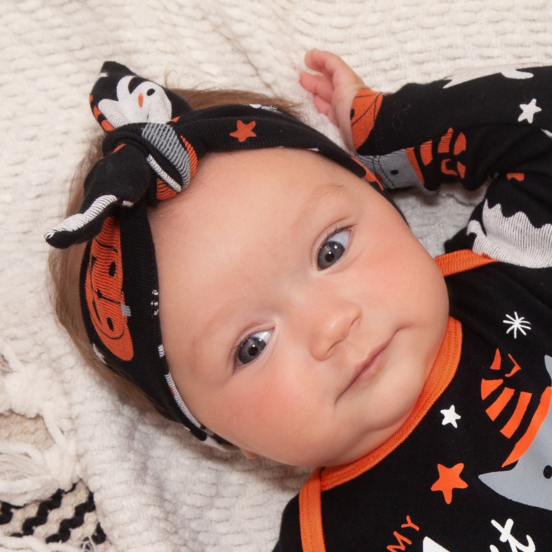 Baby Girl Halloween Headband, Pumpkins, Ghosts & Cats, 100% Cotton Rib, Tesa Babe