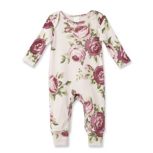 Baby Girl Romper Cabbage Rose Mauve & Beige Cotton Rib Coming Home Outfit Tesababe Floral Romper Only