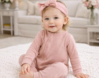 Cotton Baby Zipper Romper With Convertible Cuffs-Soft Coral