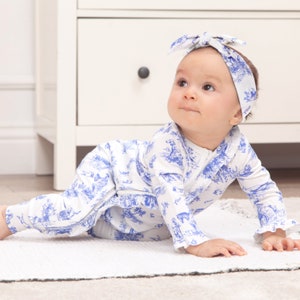 Toile du Jouy Baby Girl Romper Adorable Zippered One Piece Soft Bamboo Blend Perfect Gift for Toile Lovers Elegant Baby Shower Gift French