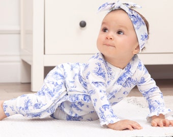 Toile du Jouy Baby Girl Romper Adorable Zippered One Piece Soft Bamboo Blend Perfect Gift for Toile Lovers Elegant Baby Shower Gift French