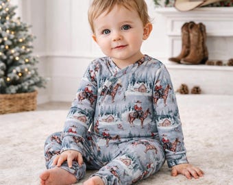 Cowboy Christmas Bamboo Zipper Romper - Convertible Cuffs