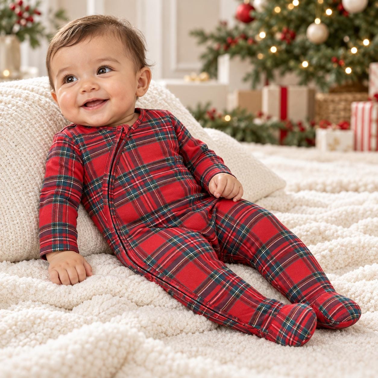 Newborn Baby Christmas Tartan Plaid Zipper Romper - Soft Bamboo Blend Holiday Footed Pajamas, Festive Infant Outfit for Boys & Girls
