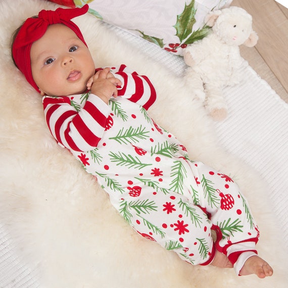 Wexuua My First Christmas Baby Mädchen Jungen Roter Strampler mit gestreifter Hose und Hut 3-teiliges Neugeborenen-Outfit-Set