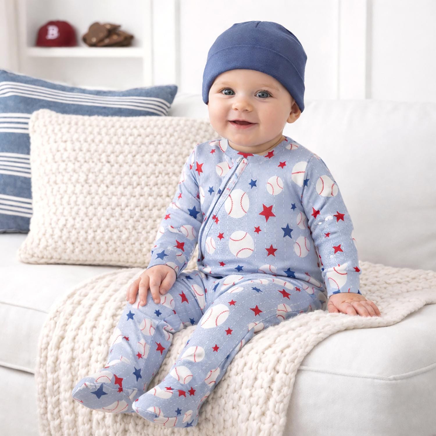 Baby Boy Baseball Zipper Romper - Soft Bamboo Cotton Blend Footed Pajamas, Sports Themed Infant Outfit for Game Day, American Baseball