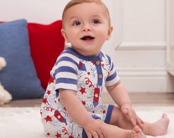 Baby Boy 4th of July Short Romper in Soft Bamboo Cotton, Patriotic American Playsuit,  Tesa Babe