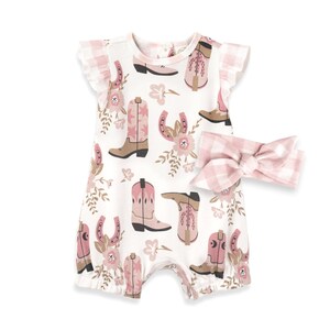 Baby Girl Cowgirl Boots Flutter Sleeve Bubble Romper, 100% Cotton with Pink Gingham 50S