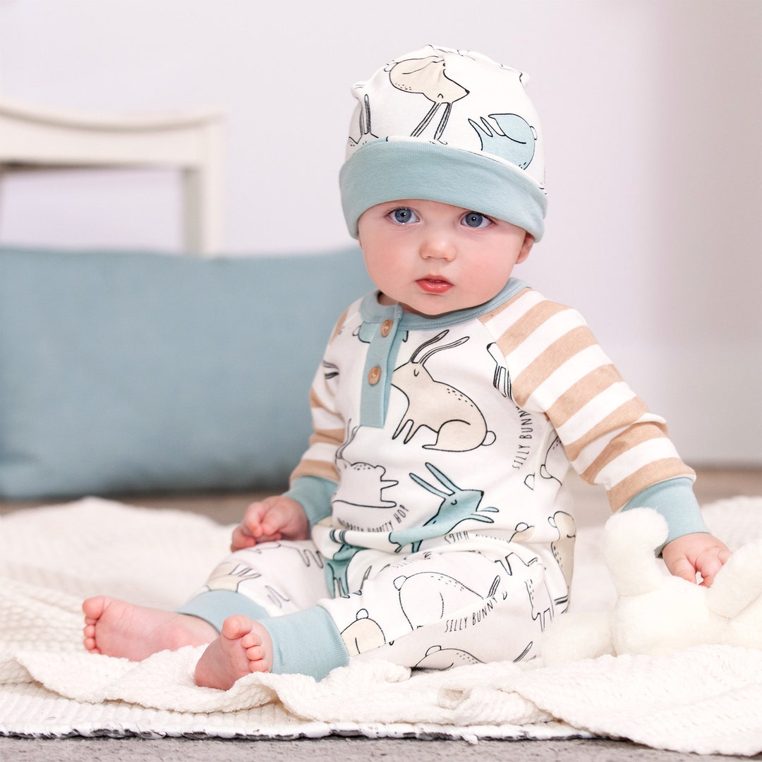 Newborn Boy Easter Outfit, Organic Cotton Bunny Baby Henley Romper in