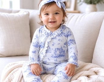 Toile du Jouy Baby Romper: Bamboo Blend Zipper One Piece