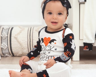 Baby Halloween Outfit - Trick or Treat - Pumpkin Print with Optional Headband or Hat - Girl, Boy, Unisex - Cotton