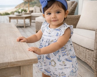 Baby Girl Bubble Romper Ocean Seashore Print Girl Beach Outfits Summer Clothes