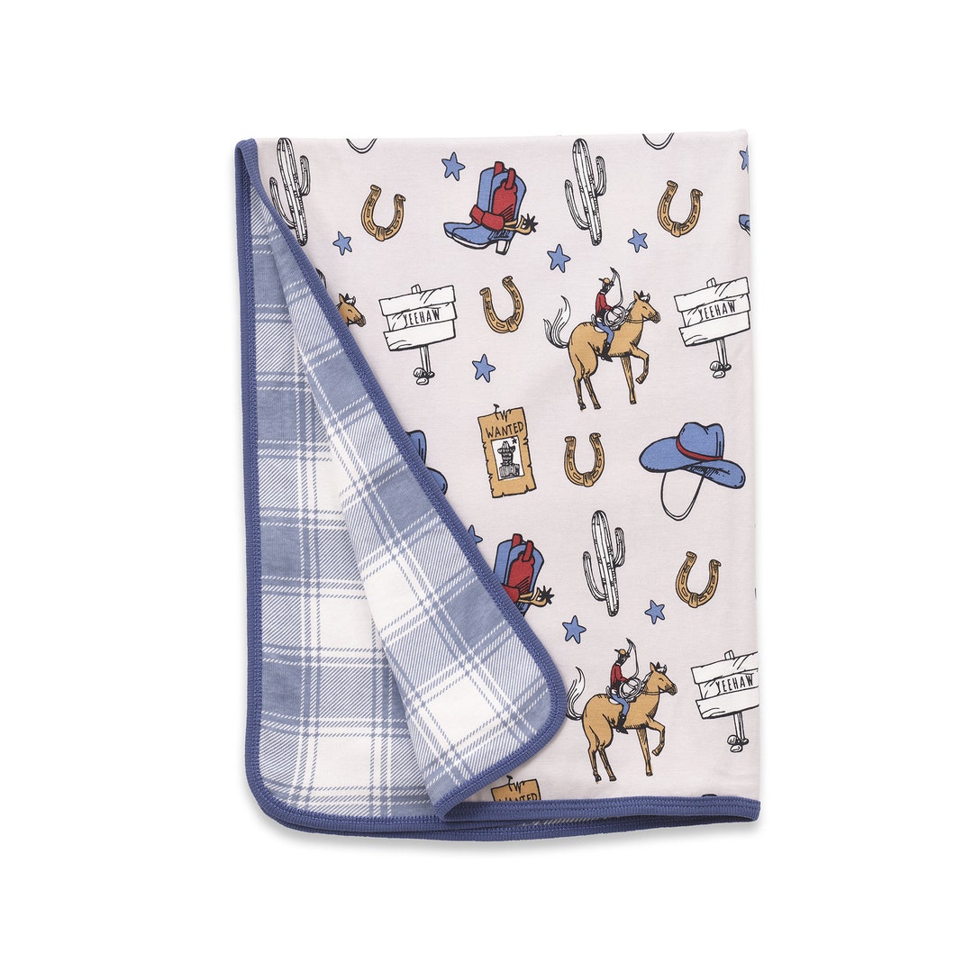 Bamboo Baby Stroller Blanket With Cowboy Western Print With Blue Plaid
